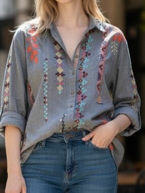 Johnny Was Chambray Embroidered Button-Up Blouse with Red & Aqua Accents